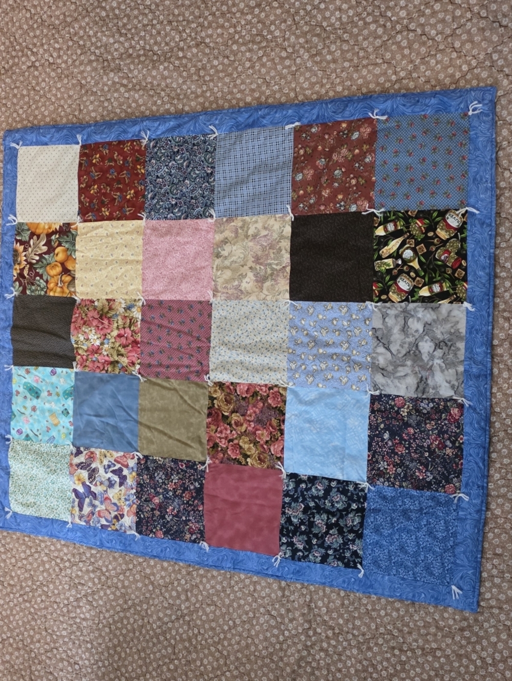 Handmade Patchwork Lap Or Baby Quilt - Multi-Color Squares with Blue Border